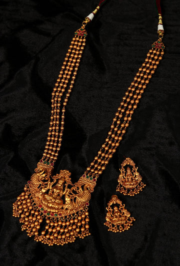 Amulyam Temple Heritage Kemp Necklace Set with Pearls